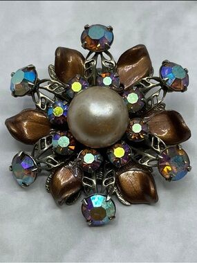 Vintage Aurora Borealis Rhinestone Floral Brooch Faux Pearl Center Kramer Style